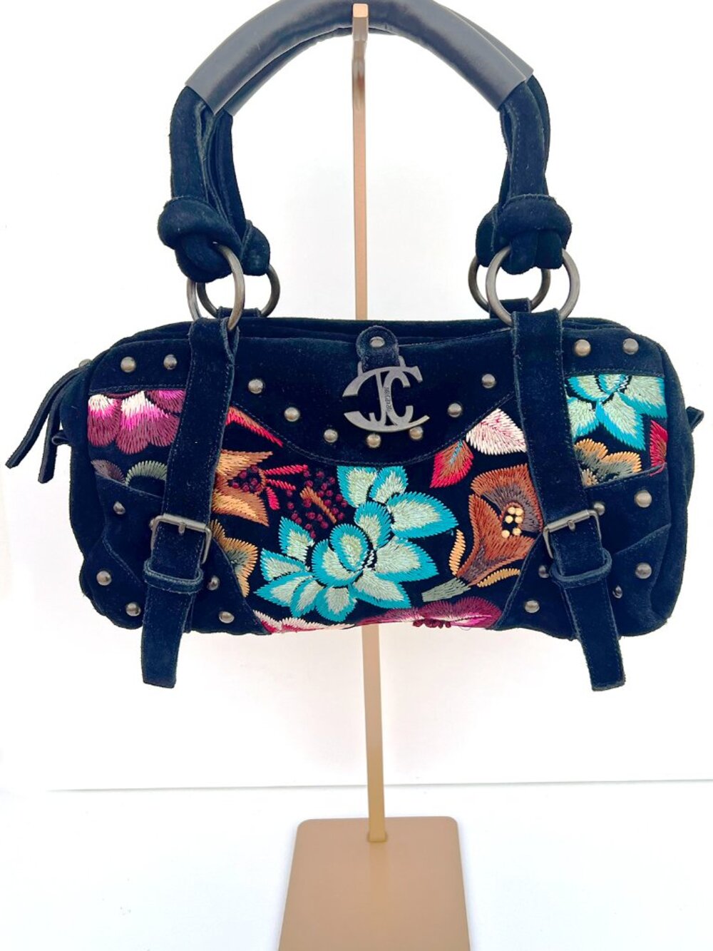 Just Cavalli Y2K Black Suede Floral Embroidered Boho Satchel Bag Studded JC